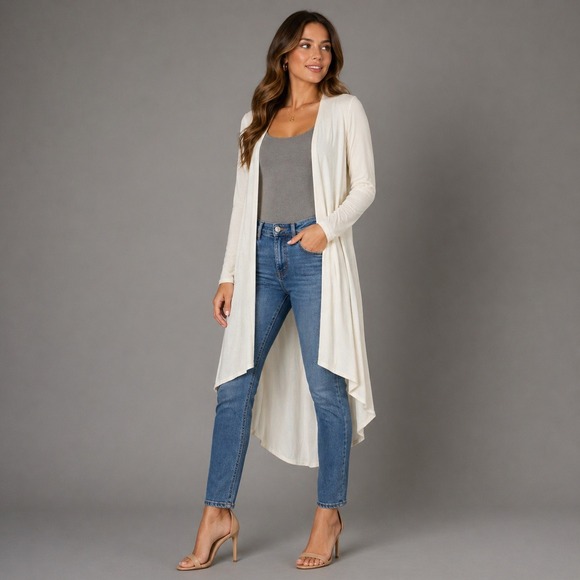 Express Sweaters - Express Womens Ivory Open Front High Low Long Sleeve Duster Cardigan Sweater M